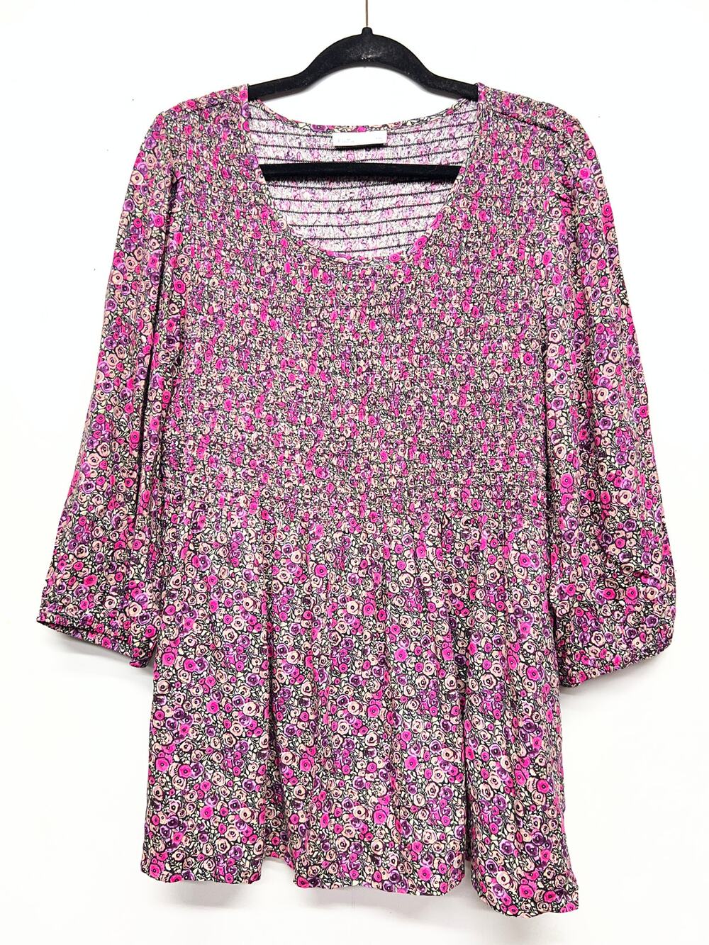 Croft & Barrow Smocked Dark Floral 3/4 Puff Sleeve Womens XXL Prairie Cottage
